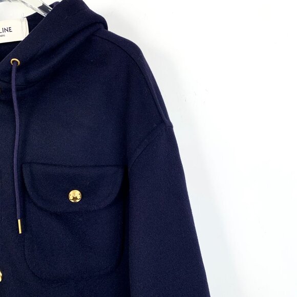 Celine Dark Blue Cashmere Hooded Jacket With Gold Button Details & Drawstring - Picture 3 of 8